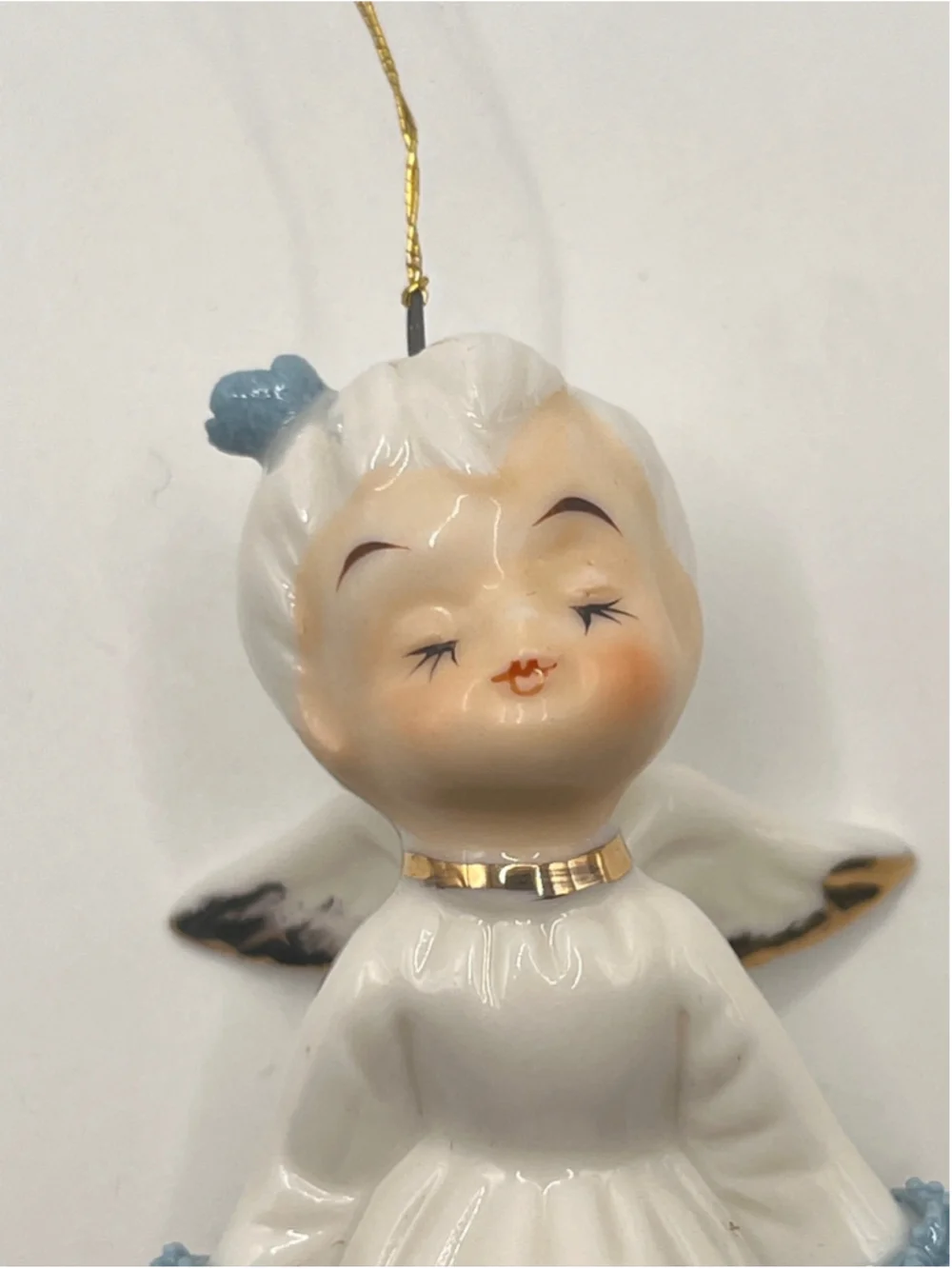2 Vintage Ceramic Angel Christmas Ornaments Sleeping Blue Pink Japan Mid Century